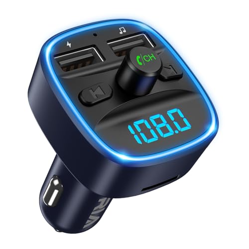 ORIA Bluetooth FM Transmitter, Auto Bluetooth 5.3 Adapter mit 2 USB Aufladung, Freisprechen KFZ Radio Adapter, LED Display Freisprechen Car Kit, Unterstützt TF Karte & USB-Stick - Blau von ORIA