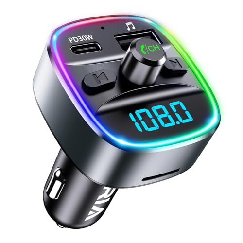 ORIA Bluetooth FM Transmitter Auto, Autoradio Adapter, Bluetooth 5.3 Car Kit PD 30W Schnelles Laden, 7 Farbe LED Backlit, Freisprechen, unterstützung TF Karte & USB-Stick - Kaltgrau von ORIA