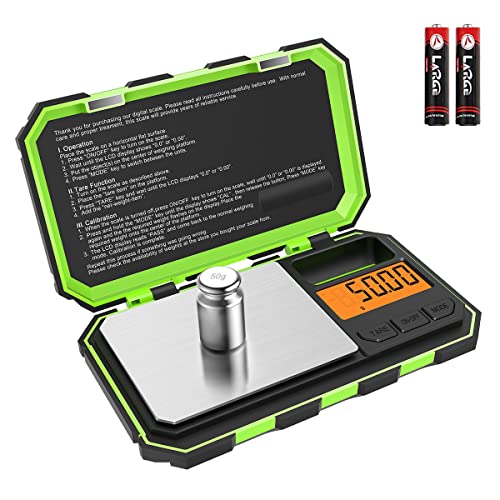 ORIA Digitale Feinwaage, 100g/0,01g Milligramm Digitalwaage, Mini Präzisionswaage, Taschenwaage mit 50g Kalibriergewicht, 6 Einheiten umrechnen, LCD-Display, Tara & Auto Aus Funtion - Grün von ORIA