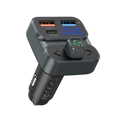 ORIA FM Transmitter Auto Bluetooth, Drahtloses Bluetooth Adapter mit PD 36W & QC 15W Schnelles Laden, CVC Lärmminderung, Bluetooth 5.3 Freisprecheinrichtung Car Kit, Unterstützt BT & USB-Disk von ORIA
