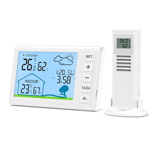 ORIA Wetterstation Funk mit Außensensor, Kabelloser Thermometer Hygrometer für Innen Außen, mit 5 Wettervorhersage, Uhrzeit (12/24 Std.), Alarm, Datum, Schlummer, Tpy-C/Batteriebetrieben von ORIA