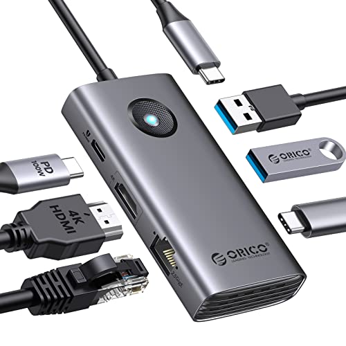 Docking Station, ORICO 6 in 1 USB 3.0 Hub mit 4K HDMI, 2.5G Ethernet, PD 100 W, 2 USB-A 3.0 Ports, 1 USB-C 3.0 Port, 5 Gbit/s, USB C Multiport Adapter für Windows Mac (Grau) von ORICO