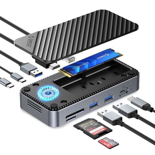 Docking Station USB C 10 in 1, ORICO USB-C HUB mit Eingebautem Lüfter,10 Gbps USB 3.2 Gen2 M.2 NVMe/SATA SSD Adapter Kompatibel M2 SSD Gehäuse Unterstützung 4K HDMI, 100W PD, SD/TF, Gigabit Ethernet von ORICO