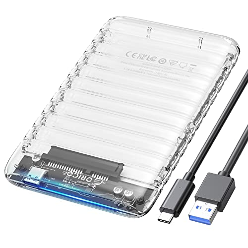 Festplattengehäuse 2 5 zoll USB C, ORICO 6Gbps Transparent Extern Gehäuse für 2.5 Zoll 7-9,5mm SATA I II III HDD/SSD, Unterstützt 6 TB, UASP, Werkzeugfreie, Tragbar SSD Gehäuse mit USB Kabe(2139C3) von ORICO
