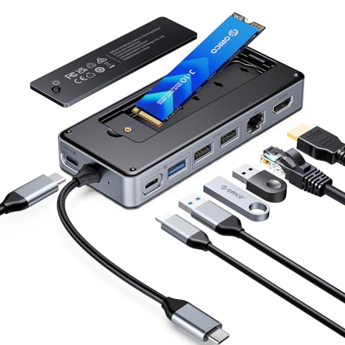 ORICO 8-in-1 USB C Docking Station mit M.2 SSD Gehäuse, USB C Hub für M.2 NVMe/SATA SSD, 10Gbps, 4K@60Hz HDMI, 100W PD, Ethernet-OM28PR von ORICO