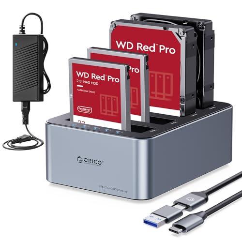 ORICO Aluminium Clone HDD Docking Station, 4 Bay Festplattengehäuse USB 3.2 Gen 1 für SATA 2,5/3,5 Zoll SSD/HDD bis zu 4 x 20 TB, Offline-Klonen, 12V/6,5A Netzteil (6646C3-C) von ORICO