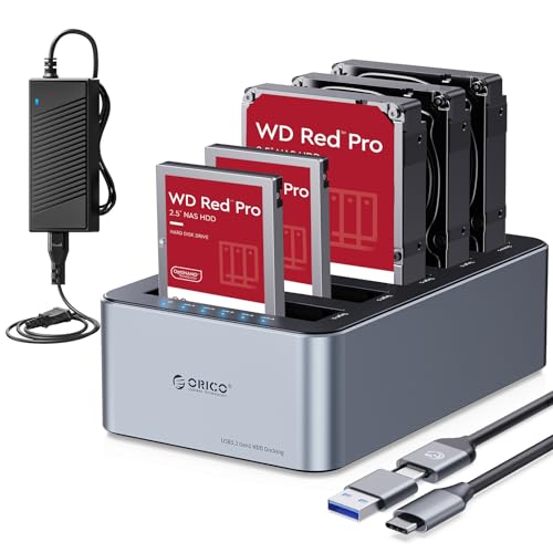 ORICO Aluminium Clone HDD Docking Station, 5 Bay Festplattengehäuse USB 3.2 Gen 1 für SATA 2,5/3,5 Zoll SSD/HDD bis zu 5 x 20 TB, Offline-Klonen, 12V/6,5A Netzteil (6656C3-C) von ORICO