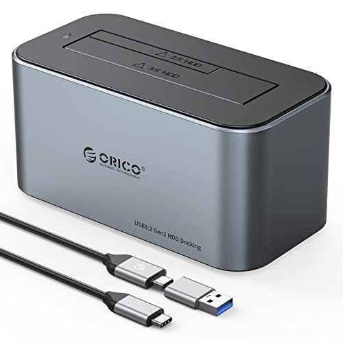 ORICO Aluminium Festplatten Dockingstation, 6Gbps USB 3.2 Gen 2 SSD/HDD Docking Station für SATA 2,5/ 3,5 Zoll bis zu 18 TB, mit 12V 2A Netzteil, Unterstützt USB A und USB C, Werkzeugfrei(6616C3) von ORICO