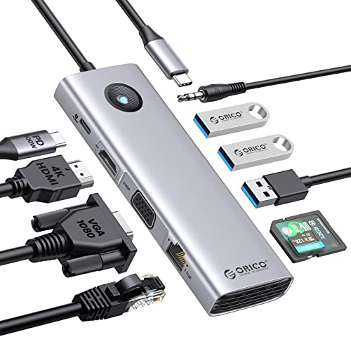 ORICO Docking Station, 10 in 1 USB C Dock mit HDMI 4K, VGA, 3 USB 3.0, PD 100W, SD/TF, 3,5 mm Audio, Gigabit Ethernet, USB 3.0 Hub Unterstützung Dual Monitor, Multiport Adapter für Windows Mac von ORICO
