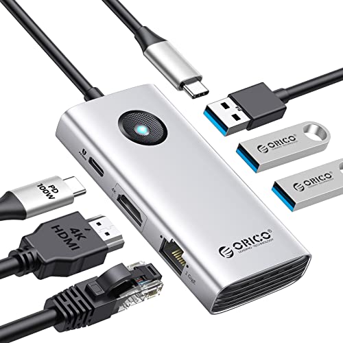 ORICO Docking Station,6 in 1 USB C Dock mit HDMI 4K+PD100W+3×USB3.0+Ethernet, USB C Hub Multiport Adapter für MacBook/Dell/HP/Surface/Lenovo von ORICO