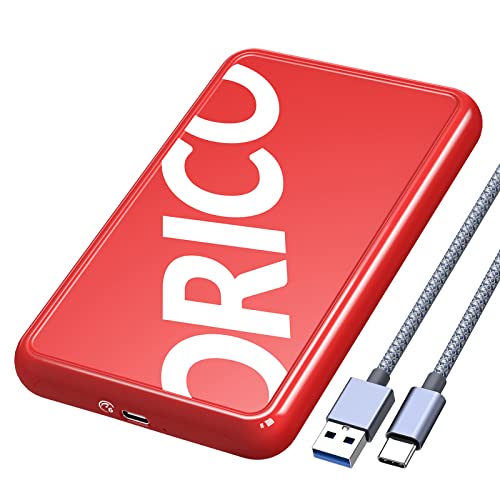ORICO Festplattengehäuse 2,5 Zoll, 6Gbps USB 3.1 Gen 1 Festplatten Externes Gehäuse für 9.5mm 7mm 2.5 Zoll SATA SSD HDD bis zu 8 TB, UASP unterstützt, mit USB Kabel, Werkzeugloses SSD Gehäuse(Rot) von ORICO