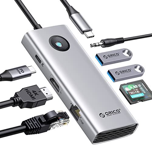 ORICO PW11 USB C Hub, 8-in-1 USB C Docking Station mit 4K HDMI, 100W Power Delivery, 2 USB Port 5 Gbps, SD&TF, 3,5mm Audio, Gigabit Ethernet Typ C Multiport Adapter für Windows Mac von ORICO