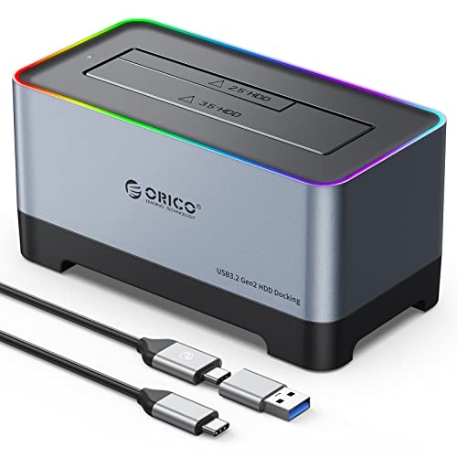 ORICO RGB Festplatten Dockingstation, USB 3.2 Gen 2 Aluminium Festplattengehäuse mit UASP für SATA 2,5/3,5 Zoll SSD/HDD Bis Zu 18TB, mit 12V 2A Netzteil, Werkzeuglose(5818C3) von ORICO