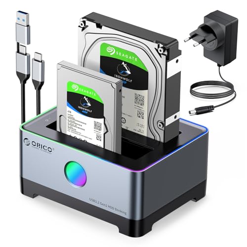 ORICO RGB Festplatten Dockingstation USB C ,6Gbps Aluminium USB 3.2 Gen 2 Festplatten Adapter mit UASP für SATA 2,5/3,5 Zoll HDD mit 12V 3A Netzteil(5528C3) von ORICO