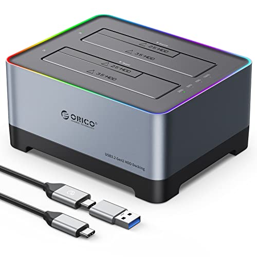 ORICO RGB Festplatten Dockingstation mit Offline Klon, USB 3.2 Gen 2 Aluminium Dualschacht Dock mit UASP für SATA 2,5/3,5 Zoll SSD/HDD Bis Zu 36TB, mit 12V 2A Netzteil, Werkzeuglose (5828C3-C) von ORICO