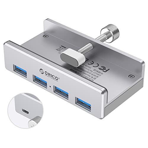ORICO USB 3.0 Hub 4 Port, Aluminium SuperSpeed Datenhub Mit Extra Netzteilanschluss Port für Desktop Computer, MacBook, MacBook Air/Pro/Mini（Silber） von ORICO