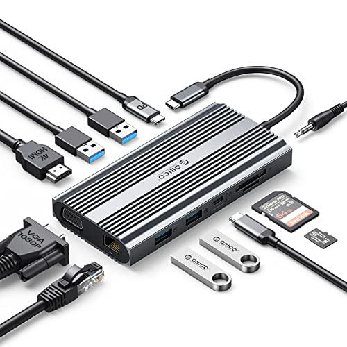 ORICO USB C 12-in-1 Docking Station, 4K HDMI 1080P VGA für 2 Monitore, 100W PD, 5 Gbps USB 3.0, USB C Hub mit USB 3.0 * 4&USB 2.0, Ethernet, SD/TF, 3.5 mm Audio, Dock für Windows Laptop/MacBook von ORICO