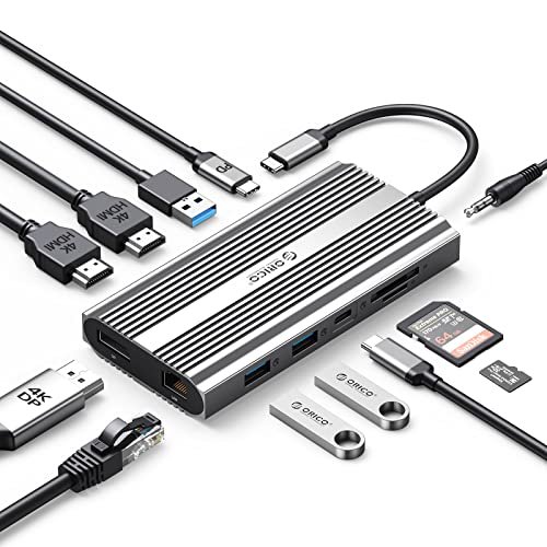ORICO USB C 12-in-1 Docking Station, Triple Display 2 * 4K HDMI 4K DisplayPort, 100W PD, 5 Gbps USB 3.0, USB C Hub mit USB 3.0 * 3&USB 2.0 * 2, Ethernet, SD/TF, Audio, Dock für Windows Laptop/MacBook von ORICO