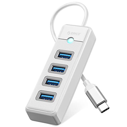 ORICO USB C Hub, 4 Ports USB 3.0 Verteiler, USB Splitter für Laptop, Handy, Tablet mit 0,15m Kabel, kompatibel mit Mac OS 10.X und höher, Linux, Android, Weiß von ORICO