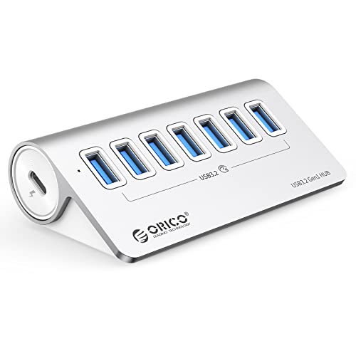 ORICO USB C Hub, 7-Port Aluminium USB Splitter, 5Gbps USB Hub mit 0.5m USB C Kabel und USB A Adapter, USB Verteiler mit 5V/2A Netzteil Typ C Port für MacBook, Mackbook Pro von ORICO