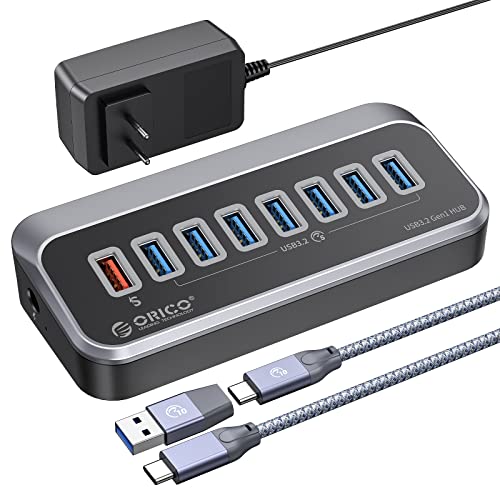 ORICO USB C Hub, 7 Port USB Hub 3.2 Gen 1, USB Verteiler 5Gbps Datenübertragung Port und einen Ladeanschluss, mit 2 in 1 USB Kabel, USB Splitter für MacBook, Mac Pro/Mini von ORICO