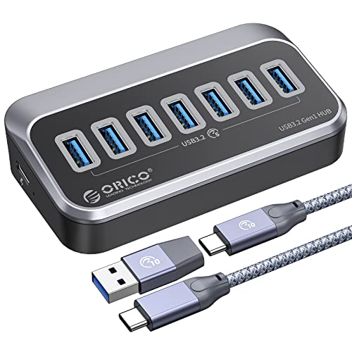 ORICO USB C Hub, 7 Port USB Verteiler, USB 3.2 GEN 1 Hub mit 2 in 1 USB Kabel, Schnelle Datenübertragung USB Splitter für PC, Laptops, Mac, Drucker, Mobile Festplatte von ORICO