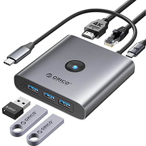 ORICO USB-C Hub, Dockingstation mit 3 USB-A-Anschlüssen, 4K-HDMI, Gigabit-Ethernet und 100 W PD-Ladung - kompakter und schneller Adapter für MacBook Pro und andere Typ-C-Geräte von ORICO