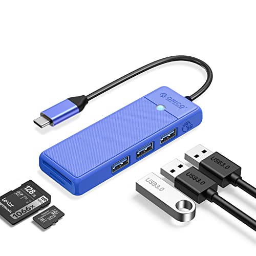 ORICO USB C Hub, USB 3.0 Verteiler mit SD/TF Kartenleser, 3 Ports USB 3.0 Mini USB Splitter, USB-C Expander für MacBook Pro/Air, iMac, Notebook PC, Flash Drive, Kamera, Tastatur, Maus(15 cm, Blau) von ORICO