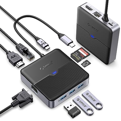 ORICO USB C Hub 9 in 1 Docking Station mit 1080P VGA & 4K HDMI, PD 100W, Ethernet 1000M, SD/TF, 3 Ports 5Gbps USB A 3.0, Typ C Multiport Adapter für MacBook Air Pro M2 M1 iPad Surface Dell Hp von ORICO