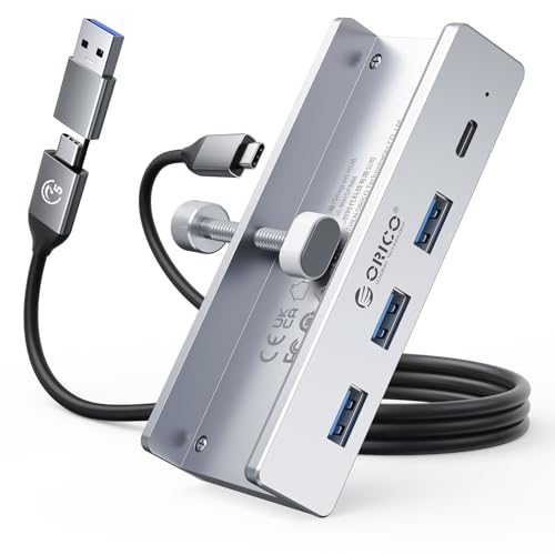ORICO USB Hub, Aluminum USB 3.0 Hub Clip mit 5V Stromversorgungsanschluss, 5Gbps 4 Port USB Verteiler mit 3 USB-A 3.0 und 1 USB-C 3.0, 100cm Kabel (C auf A/C), für Monitoren, Schreibtischen, Silber von ORICO
