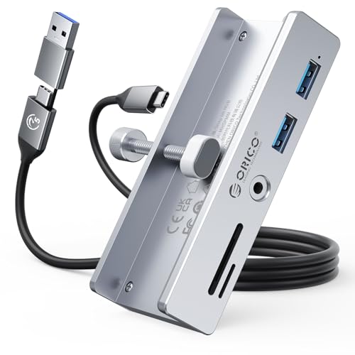 ORICO USB Hub 3.0, Clip-Typ USB Hub mit SD/TF Kartenleser, 5 in 1 USB Verteiler mit 2 USB-A 3.0 Ports, 3.5 mm Audio, 5Gbps, USB Splitter mit 5V Stromversorgungsanschluss, Für Monitore, Desktop, Silber von ORICO