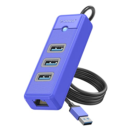 ORICO USB Hub Ethernet, 4 Port USB 3.0 Hub, USB-A to Gigabit Ethernet Adapter with 3 USB 3.0 Hub for Laptop, USB Hub 3.0 with RJ45 Gigabit Ethernet Adapter Compatible for MacBook iPad Pro -PW3UR-BL von ORICO
