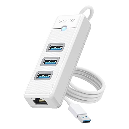 ORICO USB Hub Ethernet, 4 Port USB 3.0 Hub, USB-A to Gigabit Ethernet Adapter with 3 USB 3.0 Hub for Laptop, USB Hub 3.0 with RJ45 Gigabit Ethernet Adapter Compatible for MacBook iPad Pro -PW3UR-WH von ORICO