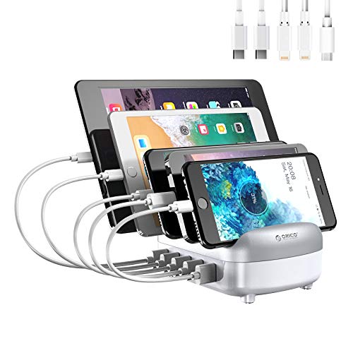 ORICO USB Ladestation 5 Port Schnellladestation, Lädt mehrere Geräte auf, Smart Charger Organizer mit 5 kurzen Ladekabeln, Kompatibel mit Apple iPad iPhone Android (Inklusive 5 Ladekabel - Weiß) von ORICO