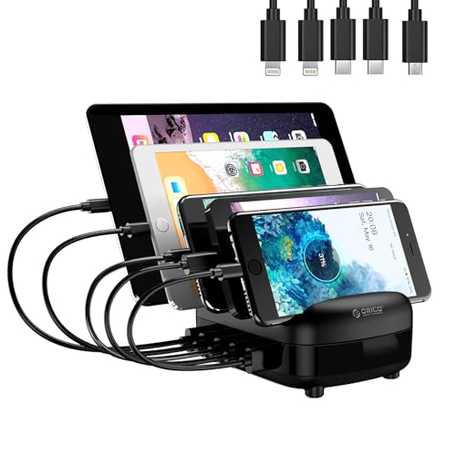 ORICO USB Ladestation 5 Port Schnellladestation für mehrere Geräte, Smart Charger Organizer mit 5 kurzen Ladekabeln, kompatibel mit Apple iPad iPhone Android (Inklusive 5 Ladekabel, Schwarz) von ORICO