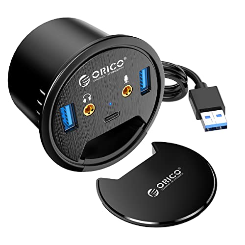 ORICO USB Tisch Hub 3.0 5-IN-1 USB Hub Tisch-Kabeldurchführung mit 2 USB A 3.0 Anschluss, Headset Adapter 3,5mm, 1 USB-C Anschluss, 4,9 Fuß Verlängerungskabel für Durchmesser 60 mm Loch(Schwarz) von ORICO