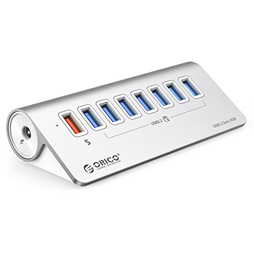 ORIOC USB Hub, Tpy C Verteiler mit 7 USB 3.2 Gen 1 Data Port und 18W einem intelligenten Ladeanschluss, USB C Splitter mit 1m USB C Kabel 90 Grad und Netzteil 12V/3A für MacBook, Mac Pro von ORICO