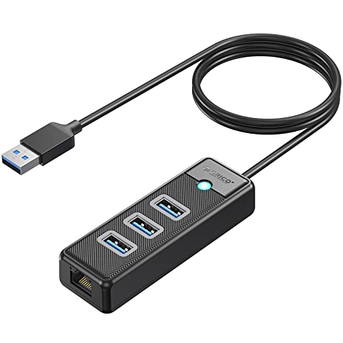 USB 3.0 HUB, ORICO 4-in-1 USB 3.0 Hub mit RJ45 10/100/1000 Gigabit Ethernet Adapter mit 3,3ft Kabel Kompatibel mit Mac OS 10.X und höher, Linux, Android-Schwarz von ORICO