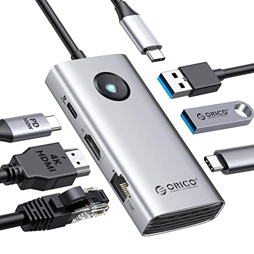 USB 3.0 Hub, ORICO 6 in 1 USB-C Docking Station mit 4K HDMI, 2.5G Ethernet, PD 100 W, 2 USB-A 3.0 Ports, 1 USB-C 3.0 Port, 5 Gbit/s, Typ-C Multiport Adapter für Windows Mac (Silber) von ORICO