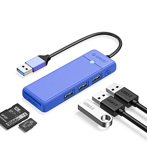 USB 3.0 Hub, ORICO USB Hub mit SD/TF Kartenleser, 3 USB 3.0 Ports, USB Splitter USB Expander für Laptop, Xbox, Flash Drive, HDD, Konsole, Drucker, Kamera, Schlüsselbrett, Maus (0.49Ft, Blau) von ORICO