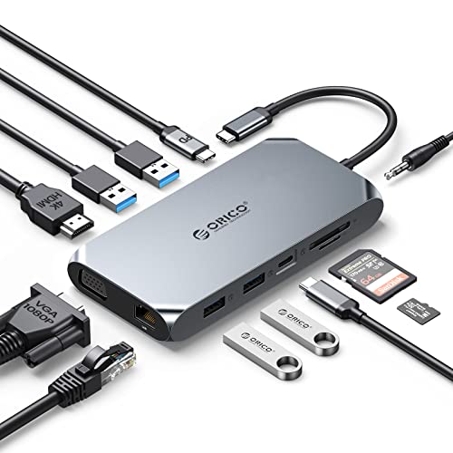 USB C Docking Station, ORICO 12 in 1 RGB Adapter, 4K HDMI, PD 100W, Gigabit Ethernet, 4 USB 3.0, SD und MicroSD Kartenleser, 1080p VGA, 3,5 mm Audio, Laptop Dock kompatibel für Windows/Mac OS von ORICO