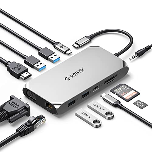 USB C Docking Station, ORICO 12 in 1 RGB Adapter, 4K HDMI, PD 100W, Gigabit Ethernet, 4 USB 3.0, SD und MicroSD Kartenleser, 1080p VGA, 3,5 mm Audio, Laptop Dock kompatibel für Windows/Mac OS von ORICO