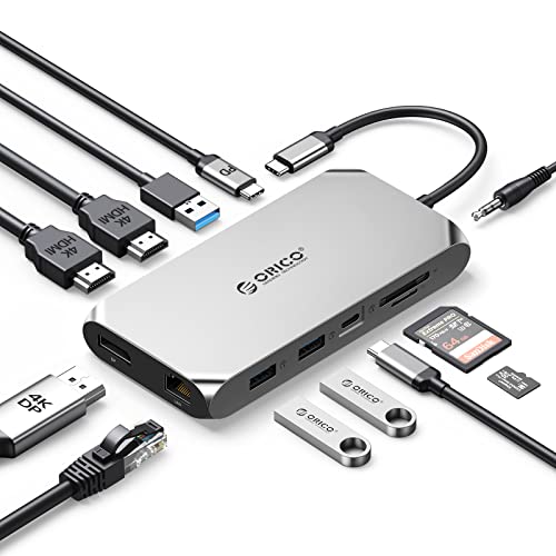 USB C Docking Station, ORICO 12 in 1 RGB Adapter, Dual 4K HDMI, DP 4K@60Hz, PD 100W, Gigabit Ethernet, 3 USB 3.0, SD/MicroSD Kartenleser, 3,5 mm Audio, Laptop Dock kompatibel für Windows/Mac OS von ORICO