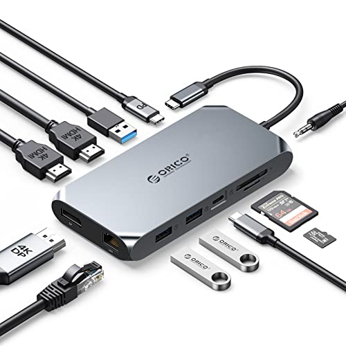 USB C Docking Station, ORICO 12 in 1 RGB Adapter, Dual 4K HDMI, DP 4K@60Hz, PD 100W, Gigabit Ethernet, 3 USB 3.0, SD/MicroSD Kartenleser, 3,5 mm Audio, Laptop Dock kompatibel für Windows/Mac OS von ORICO