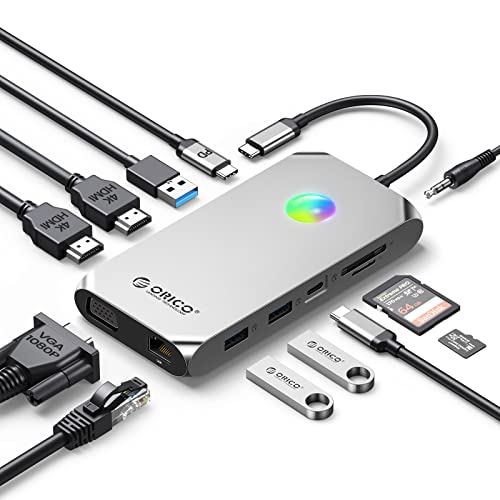 USB C Docking Station, ORICO 12 in 1 RGB Adapter, Dual 4K HDMI, PD 100W, Gigabit Ethernet, 3 USB 3.0, SD/TF Kartenleser, VGA, Audio, 14 RGB Beleuchtungsmodi, Kompatibel für Windows/Mac OS von ORICO