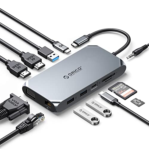 USB C Docking Station, ORICO 12 in 1 RGB Adapter, Dual 4K HDMI, PD100W, Gigabit Ethernet, 3 USB 3.0, SD und MicroSD Kartenleser, 1080p VGA, 3,5 mm Audio, USB C Dcok kompatibel für Windows/Mac OS von ORICO