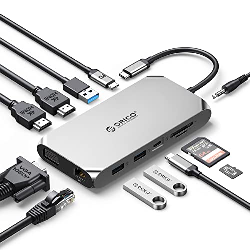 USB C Docking Station, ORICO 12 in 1 RGB Adapter, Dual 4K HDMI, PD100W, Gigabit Ethernet, 3 USB 3.0, SD und MicroSD Kartenleser, 1080p VGA, 3,5 mm Audio, USB C Dcok kompatibel für Windows/Mac OS von ORICO