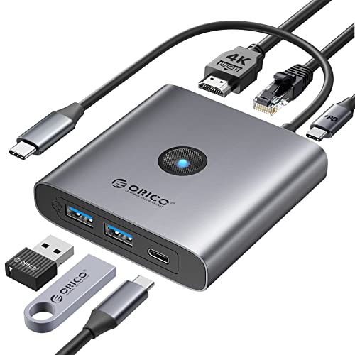 USB C Hub, ORICO 6 en 1 USB C Adapter, Multi USB 3.0 und 1×4K@60Hz HDMI, 2×USB-A 3.0, 1×USB-C 3.0, 1×PD100W, 1×Gigabit LAN Port für MacBook Pro/Air, iPad, Dell, Thinkpad, Samsung von ORICO
