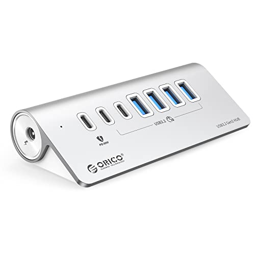 USB Hub, ORICO USB C 3.2 Gen 2 Hub, 7 Port USB Verteiler 10 Gbps mit 4 USB A, 2 USB C und 1 PD 60W, 24V/3A Netzteil, Aluminium USB Splitter mit 1M USB C Kabel für MacBook, MacBook Pro von ORICO