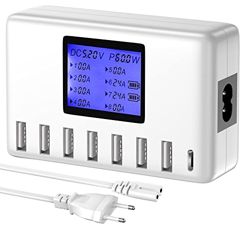 USB Ladegerät, 60W 8 Ports USB Ladestation 12A USB C Ladegerät mit LCD Display für mehrere Geräte, USB C Hub Ladegerät für iPhone iPad Android Samsung Huawei Tablet Kindle von ORIEMAC